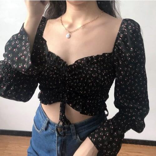 Dropshipping Women Early Autumn Retro Square Collar Lady Undefined Small Floral Long-Sleeved Drawstring Umbilical Shirt