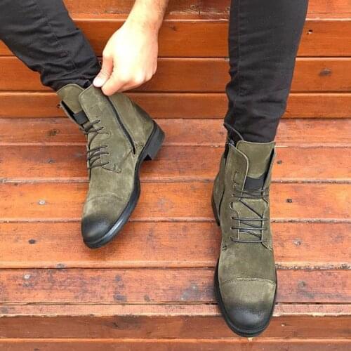 İBAY SNIPER Male Green Genuine Suede Leather Zipper Boots
