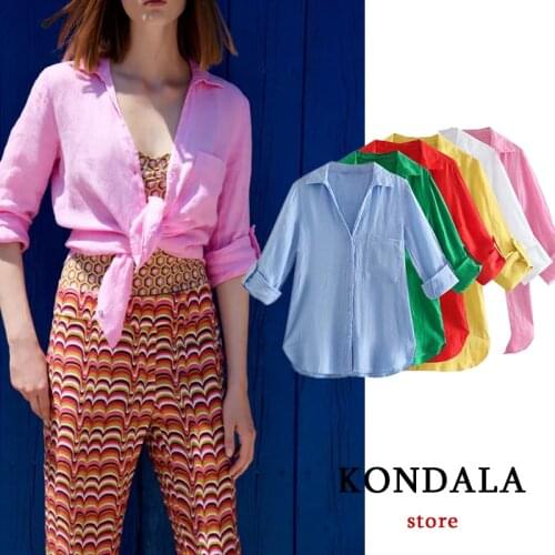 KONDALA Women Chic Pink Summer V Neck Shirts Za 2021 Cotton Linen Oversized Long Shirts Female Pockets Loose Streetwear Tops