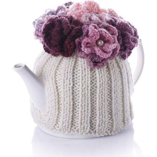 Teapot cover knitted flower (Purple&Pink) keeps your tea warm in the teapot Medium Length: 14 cm