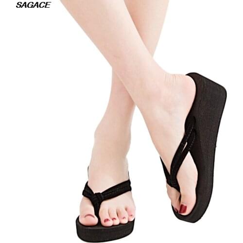 SAGACE Womens Solid Color Flip-Flops High-Heeled Wedge With Thick-Legged Sandals Sandalia Feminina Beach Summer Shoes Praia C26
