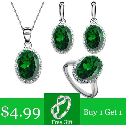 Green Emerald Silver 925 Jewelry Set for Women Free Gift Ring Necklace Pendant Wedding Jewelry