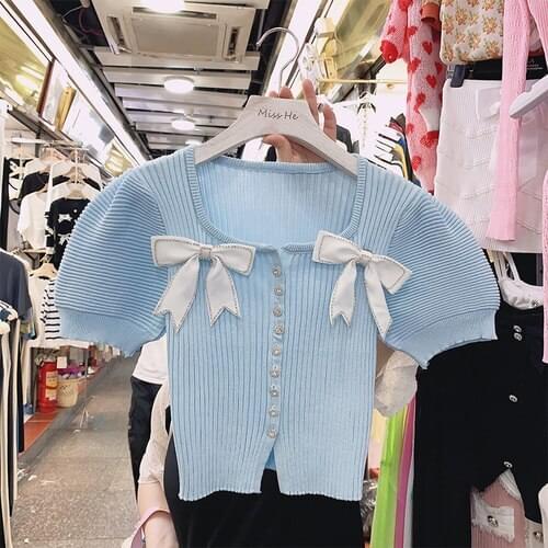 Diamond Bow Knitted T Shirt Women 2021 Spring and Summer Elegant Buckle Bow Puff Sleeve Sweet Slim Fit Skinny Stretch Crop Top