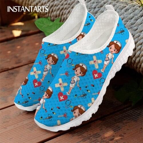 INSTANTARTS Women Lightweight Mesh Sneaker 2021 New Fashion Cartoon Nurse Print Slip On Female Pumps Kawaii Sky Blue Footwear