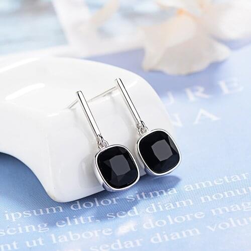925 Sterling Silver Black Sqaure Charm Stud Earrings For Women Elegant Party Jewelry pendientes eh903