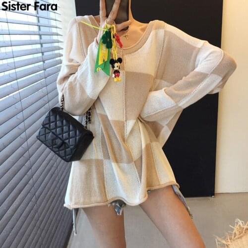 Sister Fara Autumn V-Neck Long Plaid Ladies Sweater Top Spring Patchwork Casual Pullover Long Sleeve Knitting Womens Sweater