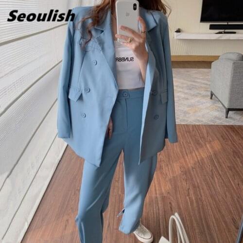 Seoulish 2021 New Spring Womens Pants Suits Double Breasted Loose Blazer Jacket & Split Wide Leg Pants Female Office Suits Sets