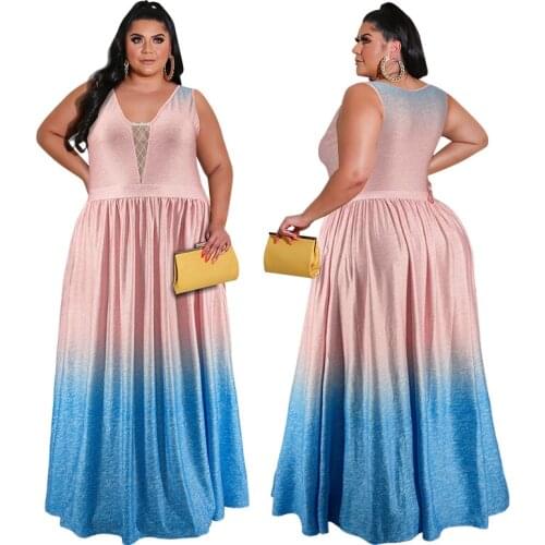 Summer Long Maxi Gradient Print Dress Women Sleeveless Holiday Boho A-line Beach Sexy V-neck Vintage Dresses 4XL 5XL plus size