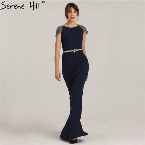 2020 New Arrival Navy Blue Cap Sleeve Mermaid Evening Dresses Dubai Beaded Belt Formal Dress Party Robe De Soiree BLA6254
