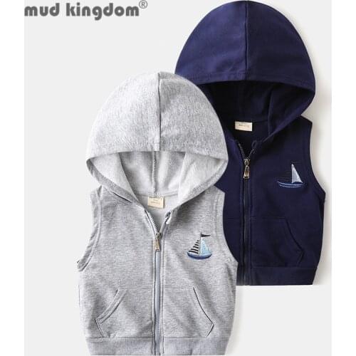 Mudkingdom Boy Hooded Vest Sleeveless Zipper Solid Sweatshirts Tops for Kids Sailboat Embroidery Children Clothing Spring Autumn