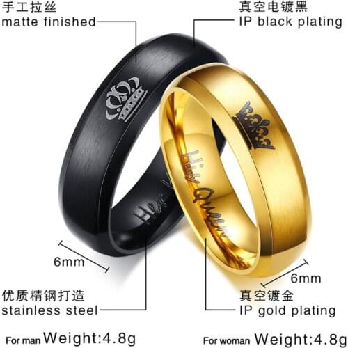 10pcs) Fashion DIY Her King and His Queen Gold Black Stainless Steel Wedding Rings for Women Men Couple