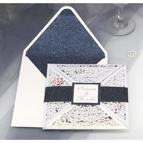 10pcsWedding Invitation Card High-end Suit laser Cutout Private Custom Ivory Multi-color Flash Envelope & Belt Provide print s
