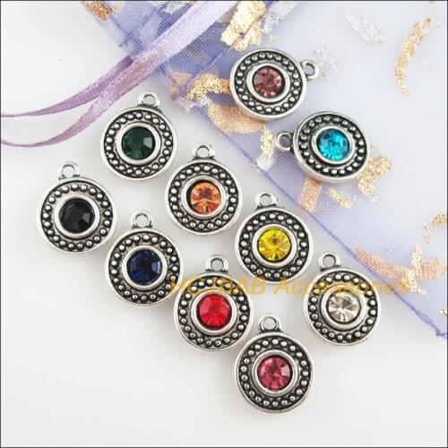10Pcs Tibetan Silver Tone Retro Round Mixed Crystal Charms Pendants 13.5x17mm