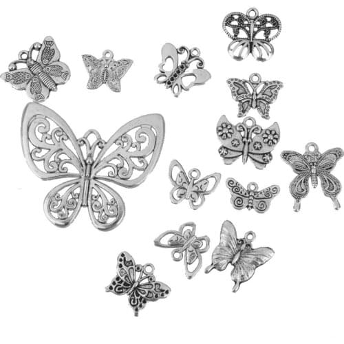 12 Vintage Silver Butterfly Charms Pendants Beads DIY Jewelry Earring Crafts