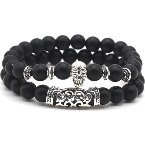 2 pcs/set Antique Silver Plated Skull Head Charm with Turquoises Matte Black Natural Stone Beads Bracelet Set Pack For Men Women
