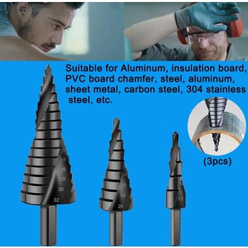 3pcs High-speed Steel Nitrided Spiral Pagoda Drill Bit Triangular Shank Step Drill Bit Set for Taper Hole Woodworking Tools