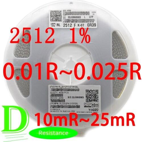 50PCS SMD Low Resistance Resistor 2512 1% RL2512FK-07 1W Series 0.01R 0.012R 0.013R 0.015R 0.018R 0.02R 0.022R 0.024R 0.025R
