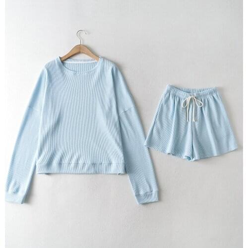 BRADELY MICHELLE 2021 Summer New Arrival Women Pure Color Casual Streetwear Knitted Long-sleeved Lace-up Shorts Comfortable Suit