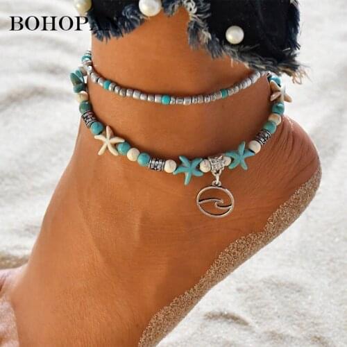 Double-Deck Beads Anklets For Women Round Metal Pendant Design Summer Beach Accessories Bohemian Jewelry Leg Foot Chain Gift