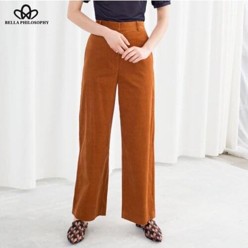 Autumn Winter Corduroy Wide Leg Pants Office Trousers Casual flat Mid solid women pants streetwear female thick pants