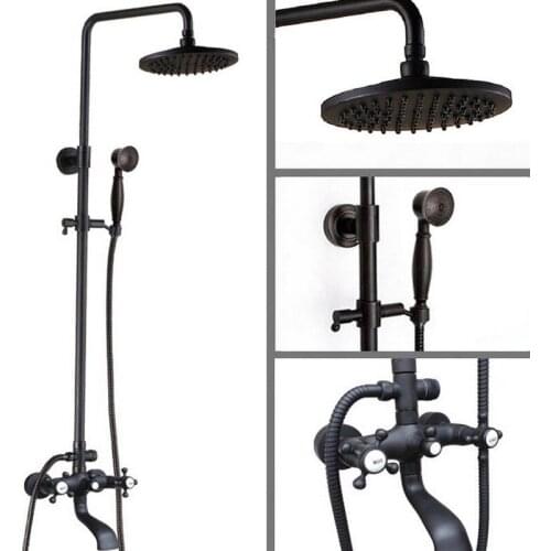 Black Oil Rubbed Brass Dual Cross Handles Bathroom 8 Inch Round Rain Shower Faucet Set Bath Tub Mixer Tap Hand Shower mhg105