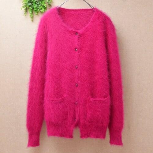 Ladies women fashion hairy plush mink cashmere knitted long sleeves slim cardigans angora fur winter jacket coat sweater autumn