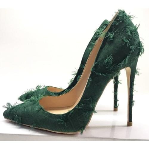 Factory Frazzled Tassel Cloth Pumps Ladies Evening Thin High Heels Pointed Toe Stilettos Sexy Pointed Toe High Heels for Woman