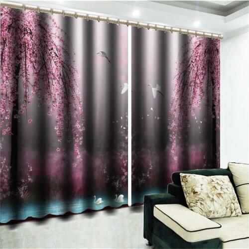 Fantasy Swan Lake Pink Flowers Tree 3D Landscape Curtains Living Room Bedroom Beautiful Practical Blackout Curtain