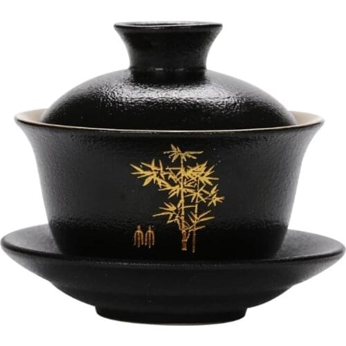 Retro Black Gaiwan with Lid Cover Saucer Kit Set Ceramic Cup Outline In Gold Lotus Tureen Tea Bowl Teacup Decor Crafts