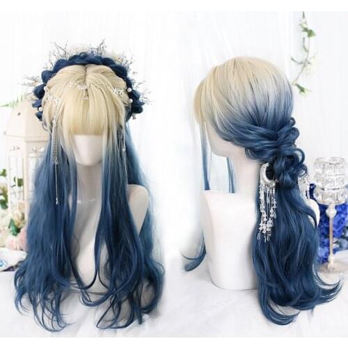 Gradient Beige Blue Lolita Wig Harajuku Fairy Long Curly Sweet Bangs Chic Girls Cosplay Dark QingDai Synthetic Hair Daily Wear