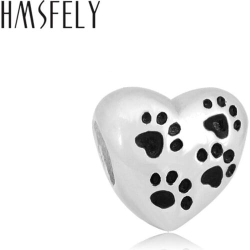 HMSFELY 316L Stainless Steel Dog Footprint Heart Charm Big Hole Beads For DIY Bracelet Necklace Jewelry making Accessories Bead