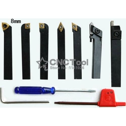 8mm 7pcs/set indexable carbide turning lathe cutter tool set with inserts for CNC machine, Tincoated, Lathe cutting tool set