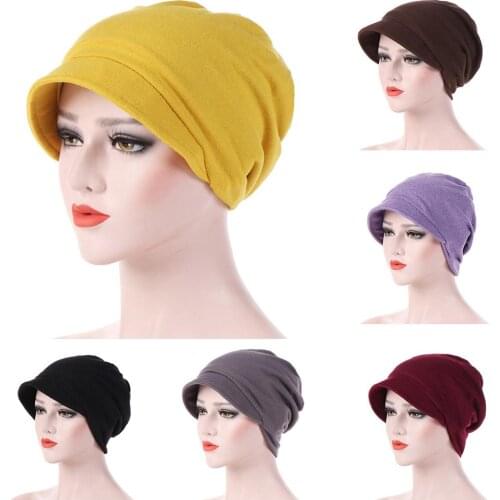 Fashion Cotton Women Solid Color Warm Autumn Beanie Cap with Brim Turban Hat