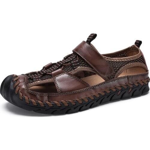 Mens Summer Closed Toe Wading Sandals Hiking Sport Casual Leather Beach Shoes Summer Waterproof Plus Size 38-48 New 2021