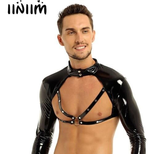 Brand New Mens Wetlook Long Sleeve Stand Collar Studded Muscle O Ring Front Half Top Sexy Nightclub Clubwear Costume Tops