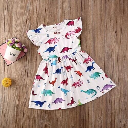 Free shipping Toddler Kids Baby Girls dress round neck Ruffle Princess Party Pageant Dinosaur print cotton Dresses one pieces
