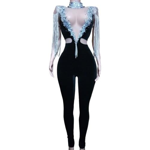 Silver Stones Fringe Transparent Mesh Jumpsuit Chains Shoulder Black Velvet Leggings Outfit Women Singer Wear Costume