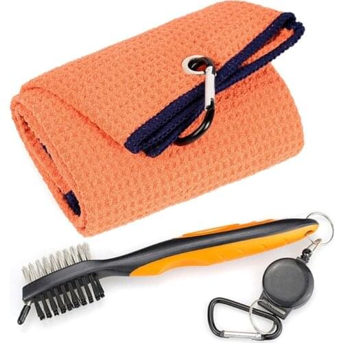 Golf Club Brush and Towel Kit Cleaner with Loop Clip for Hanging on Golf Bag