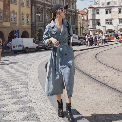 Chic Retro Denim Trench Coat Womens Mid-length 2020 Spring Lace-up Temperament Jeans Windbreaker Double-breasted Outerwear R200