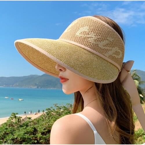 Letters Wide Brim Sun Caps for Women Empty Top Sun Hat Anti-UV Straw Summer Hat Outdoor Sunscreen Beach Caps Bandage Headwear