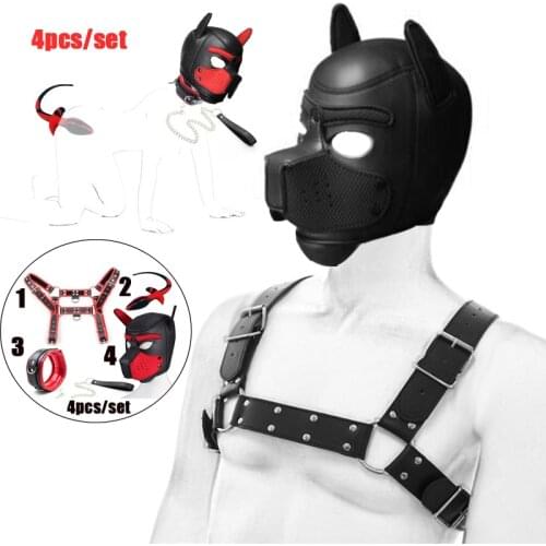 SM Play Dog Hood Pet Role Play Party Mask,Leather Bondage Mens Chest Harness Strap,Neck Collar Leash,Pup Tail Plug Sex Toy Set