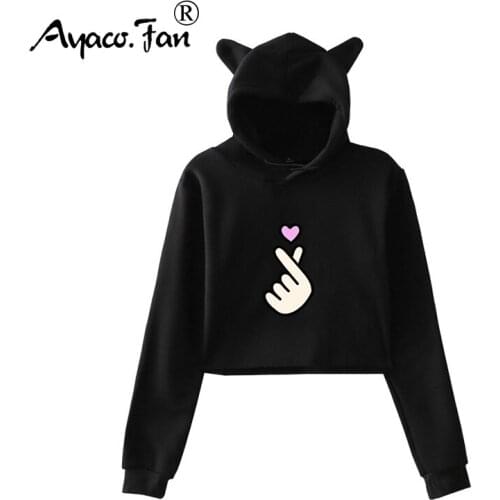 Hoodies Cropped Women Sweatshirts Autumn New Finger Love Cat Ear Long Sleeve Short Jumper Hooded Pullover Tops for Female Girls