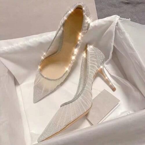 Luxury Bling Thin High Heels Shoes Woman Gold Silver Pointed Toe Pumps Women Wedding Shoes Bridal Ladies Shoes