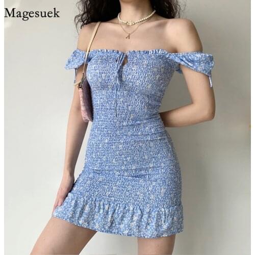 Vintage Floral Spicy Girl Dress Summer Women Sexy Strappy Dress Pleated Square Collar Puff Sleeve Blue White Dress Vestido 15146