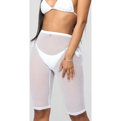 4 Colors Women See-through Fishnet Pants Solid High Waist Leggings Mesh Sheer Short Pants Bikini Cover Ups Ladies Beach clothes