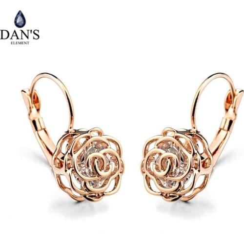 DANS ELEMENT Copper Gold Color Elegant Rose Flower Dangle Earrings For Woment Brincos With Alloy Anti-Allergy DEE86713