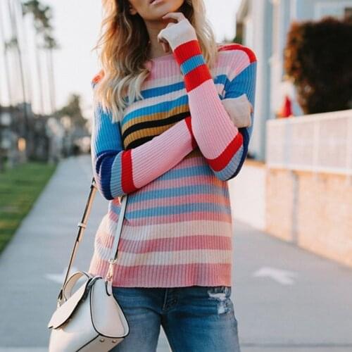 2018 Women Autumn Winter O-Neck Striped Knitted Jumper Thin Sweater Slim Pullover Tops