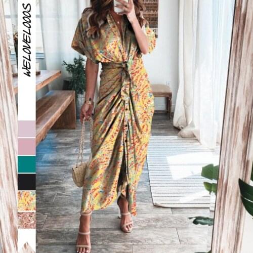 2021 Summer Elegant Satin Shirt Dress Women Button Short Sleeve Tunic Midi Dress Ladies Office V Neck Slit Draped Party Dresses