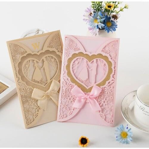 10/20/50pcs/lot Gold Pink Laser Cut Luxury Wedding Invitations Card Favor Wedding Party Supplies Wedding Invitations With Ribbon