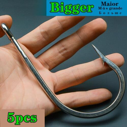 Bigger Shark Tuna Fishhooks 5pcs Stainless Steel Oversized Big Fish Tools Deep Sea Sturgeon Grouper Large Eye Long Fishing Hooks